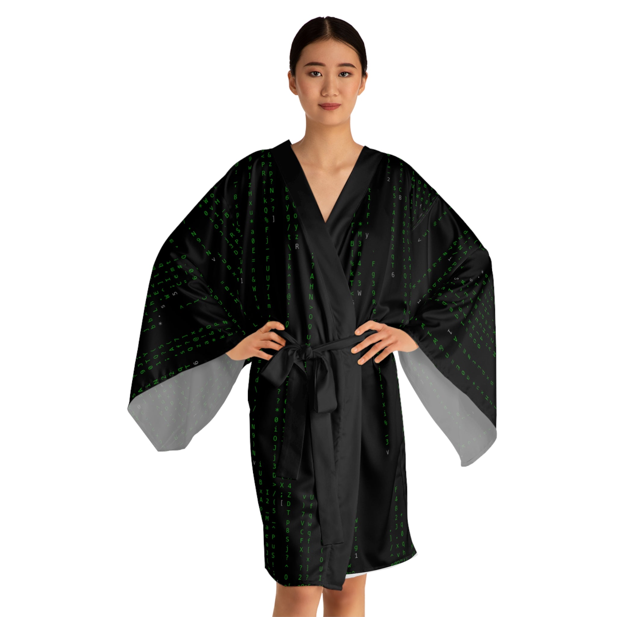 Matrix Code Kimono Robe — Black & White Tech Pattern Long Sleeve