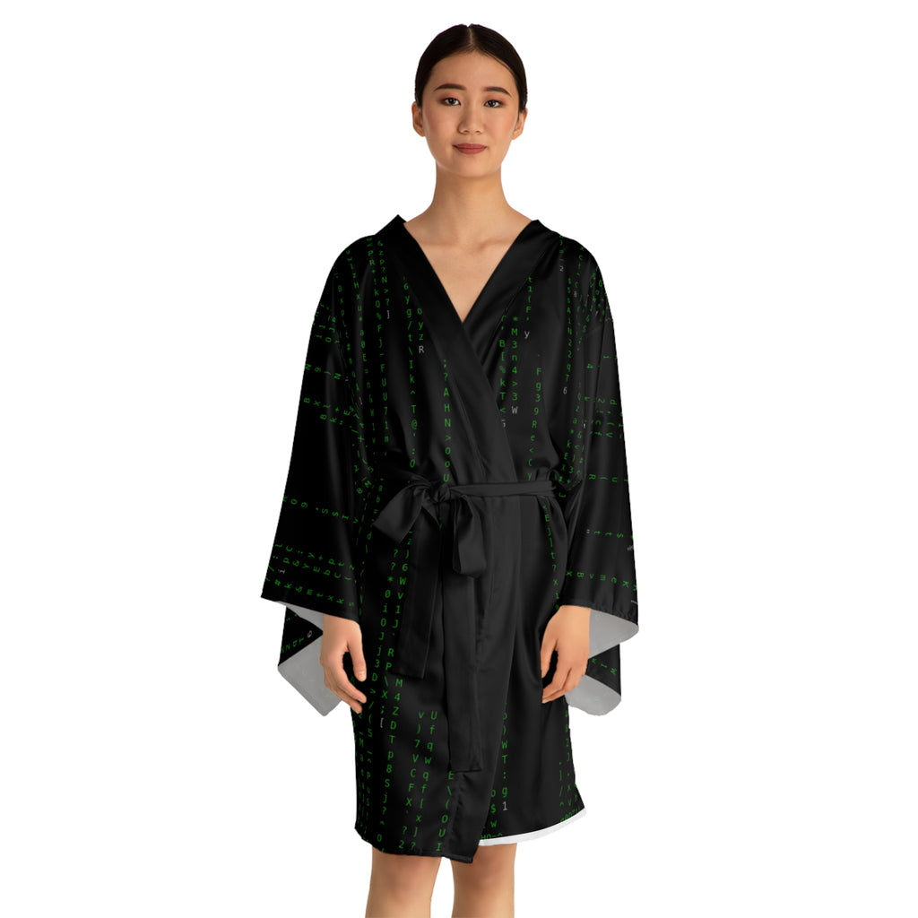 Matrix Code Kimono Robe — Black & White Tech Pattern Long Sleeve