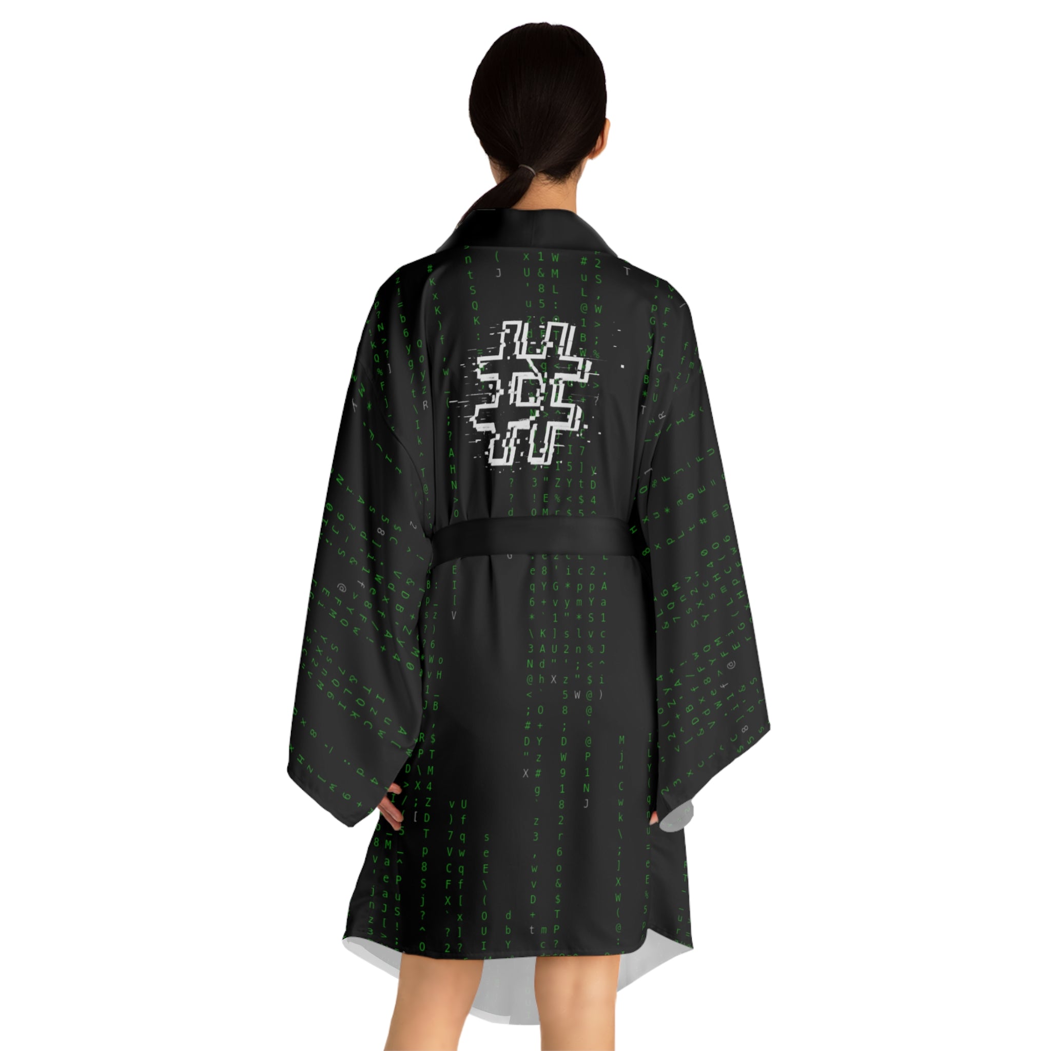 Matrix Code Kimono Robe — Black & White Tech Pattern Long Sleeve